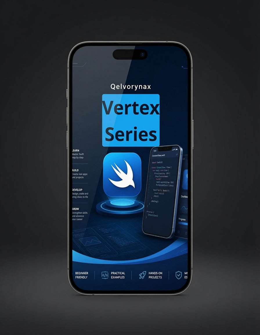 A smartphone centered on a dark gradient background, displaying a blue app-style interface with the text 'Qelvorynax Vertex Series' and a bird logo.