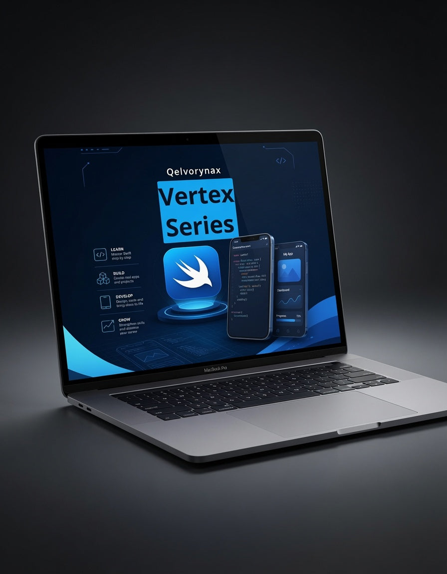 A silver laptop on a dark studio background, displaying a software interface on the screen that reads 'Qelvorynax Vertex Series' with blue graphics and mockups of a phone and tablet.