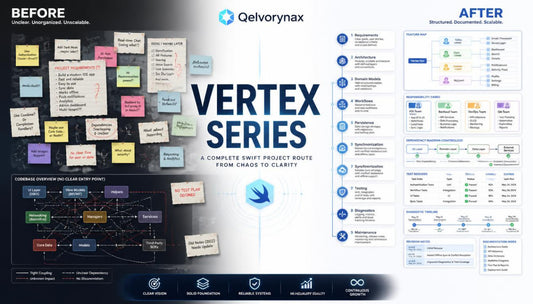A promotional infographic for the Vertex Series by Qelvorynax, showing a 'Before' sticky-note cluttered board on the left, the central title, and an 'After' structured document layout on the right.