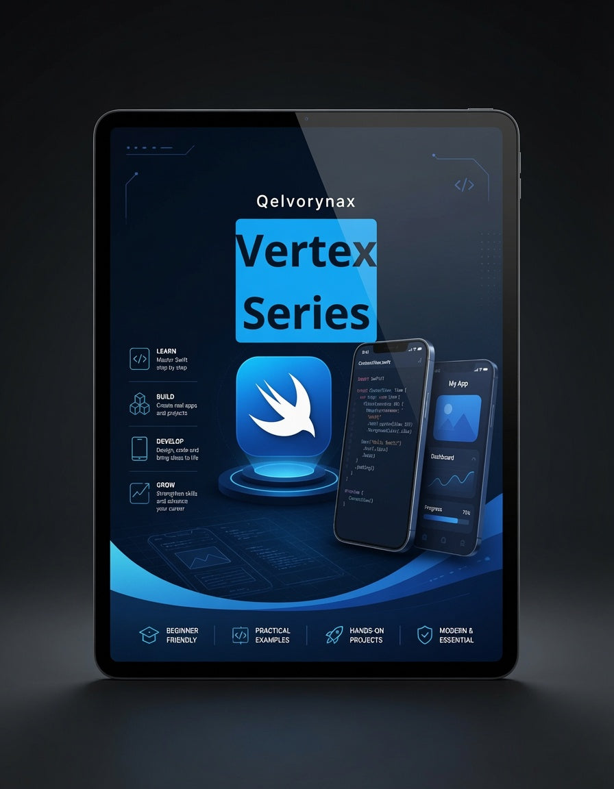 A tablet device displaying a software or app interface titled 'Qelvorynax Vertex Series' with blue graphics and mockup phone screens, shown against a dark studio background.